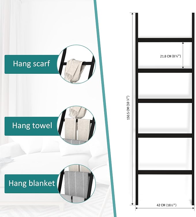POXAKA Blanket Ladders for The Living Room, 5-Tier Blanket Holder, Wall-Leaning Blanket Rack, Ladder Shelves, Wooden Quilt Ladder, Farmhouse Decor, Scarf Ladder Shelves for Living Room, Bedroom