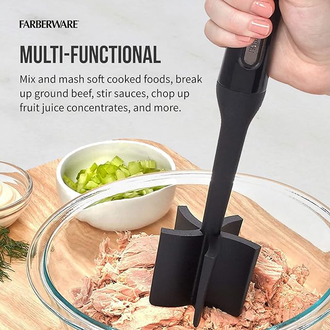 Farberware Meat Masher and Chopper Tool with 5 Beveled Blades - Ground Beef Chopper, Potato Masher, Batter Stirrer - Heat Resistant to 450 F, Dishwasher Safe