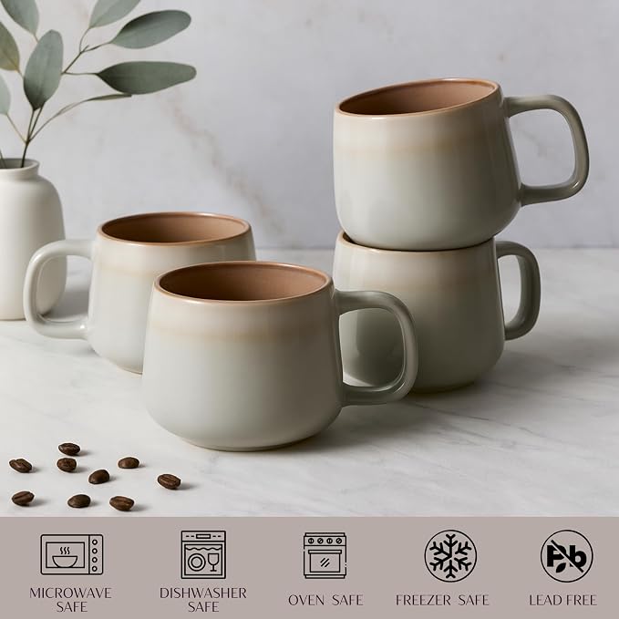 Ava Nord Large Ceramic Coffee Mugs Set of 4 | 16 oz Stoneware Coffee Cups | Lead-Free, Non-Toxic | Microwave and Dishwasher Safe | Comfortable Handle | Nordic Design for Tea, Cocoa, Latte | Sage Ash