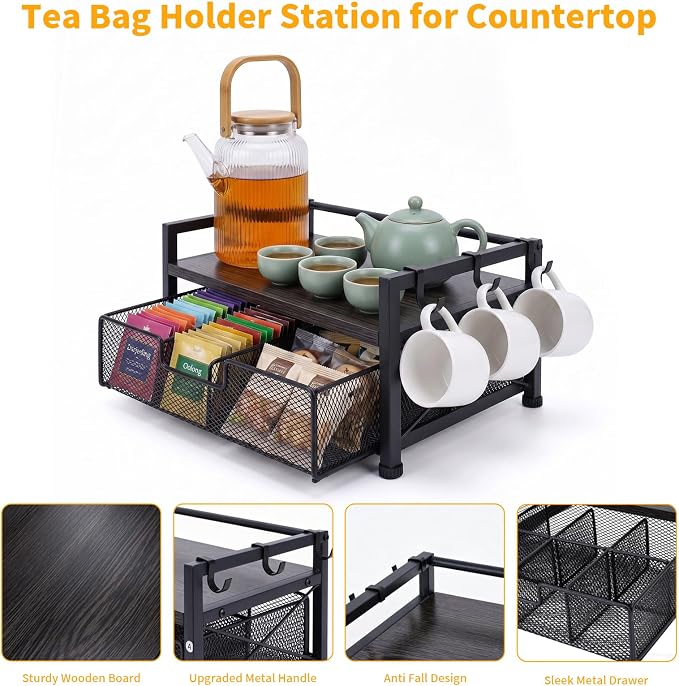 Tea Bag Organizer, Teabag Holder with Storage Drawer, Wood Tea Organizers and Storage Chest, Tea Station Chest Display Container Box for Countertop Kitchen (Grey)