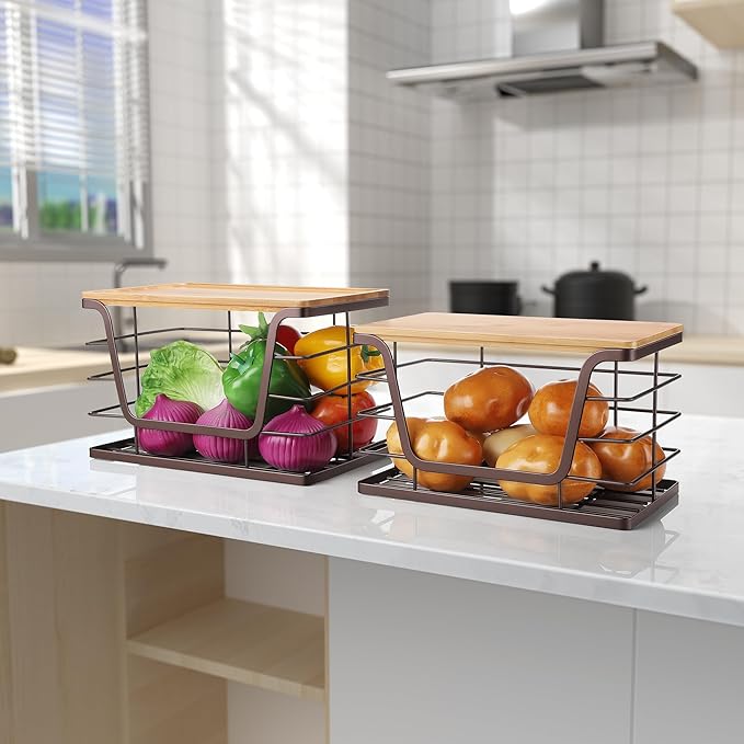 ALOCEO 2 Pack Stackable Wire Storage Basket with Bamboo Lid, Trash Bag Dispenser Under Sink for 4-13 Gal Bags, Kitchen Storage Bins for Potato and Onion, Brown