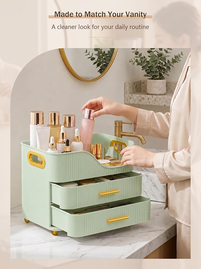 Booklov Countertop Makeup Organizer with Drawers, 3 Tier Large Cosmetic Storage Box for Vanity, Bathroom Counter, Dresser, Skincare Display Case for Lipsticks, Beauty Palettes, Teen Girl Gifts, Green