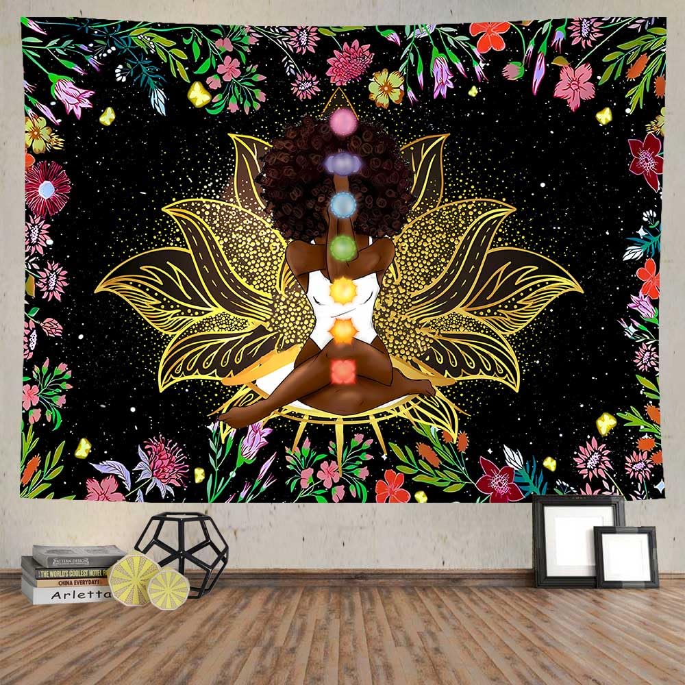 Ine Ive African Chakra Tapestry African American Woman Zen Meditation Tapestries 80x60 Inch Starry Sky Flower Garden Inspirational Afro Yoga Wall Art for Bedroom Dorm Decor