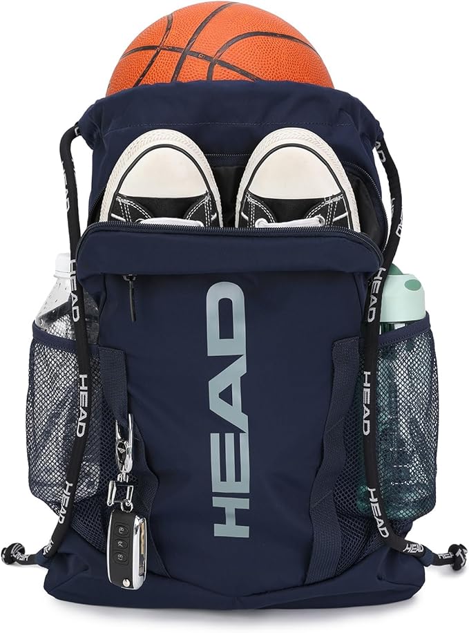 HEAD Waterproof Gym Sackpack for Sport with 2 Zipper Pockets, Large Drawstring Backpacks for Men with Side Pockets for Water Bottle (Blue)