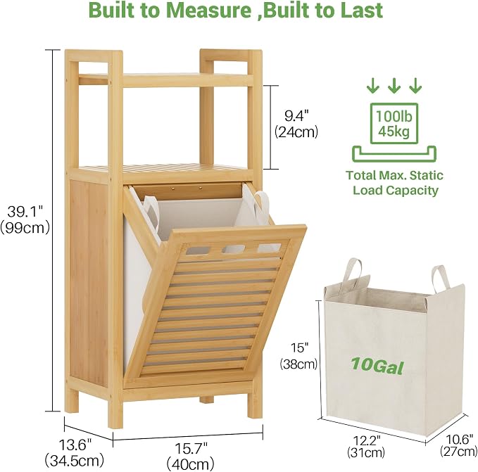 Homykic Tilt Out Laundry Hamper, 10 Gal Bamboo Laundry Storage Cabinet with Removable Basket, Hidden Hamper Organizer with Shelf for Dirty Clothes, Bathroom, Laundry Room, Space Saving, Natural