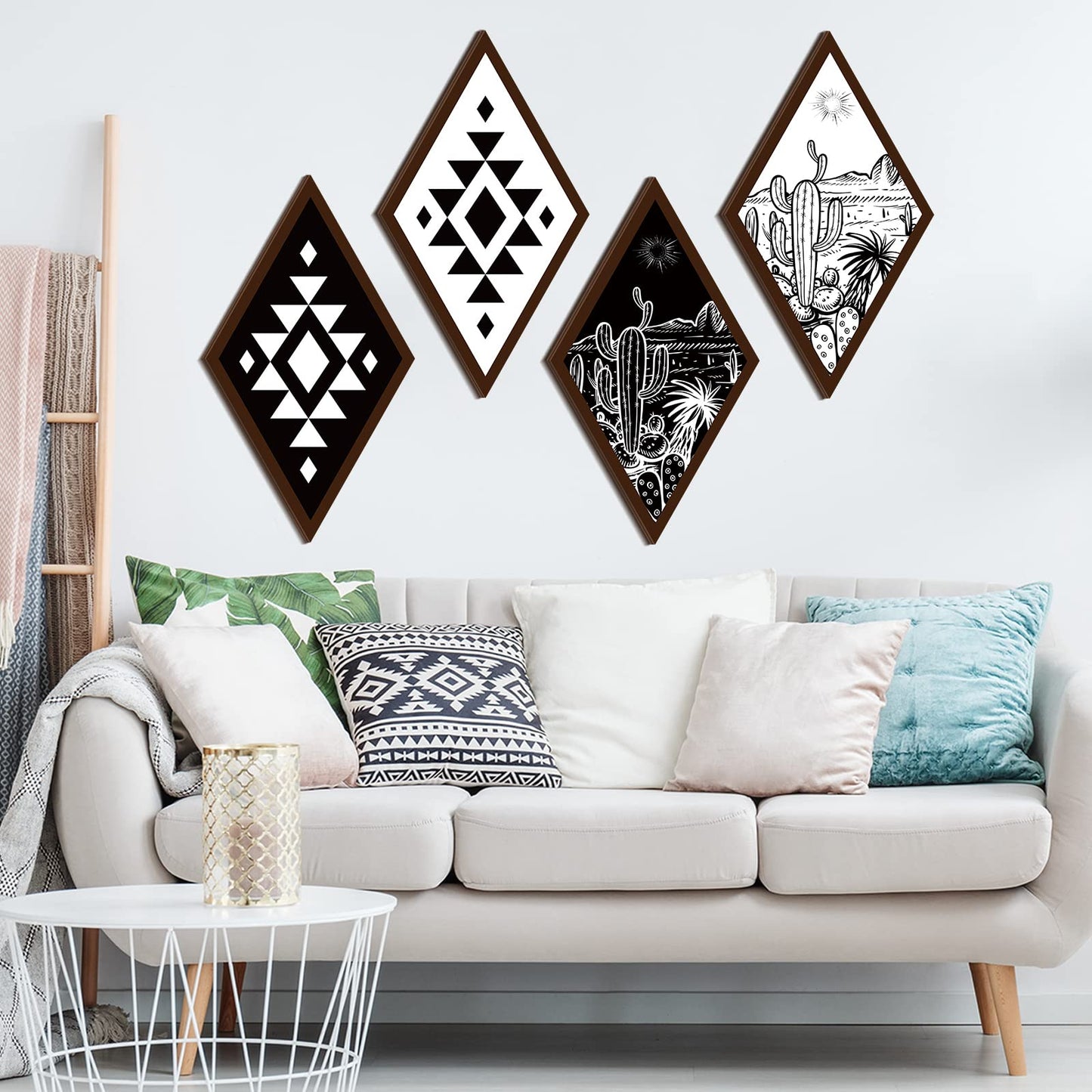 Ferraycle 4 Pcs Boho Cactus Wall Decor Aztec Wall Art Cactus Desert Western Farmhouse Home Decor Wooden Geometric Diamond Hanging Frame VBS(6.7 x 11.8 Inch)