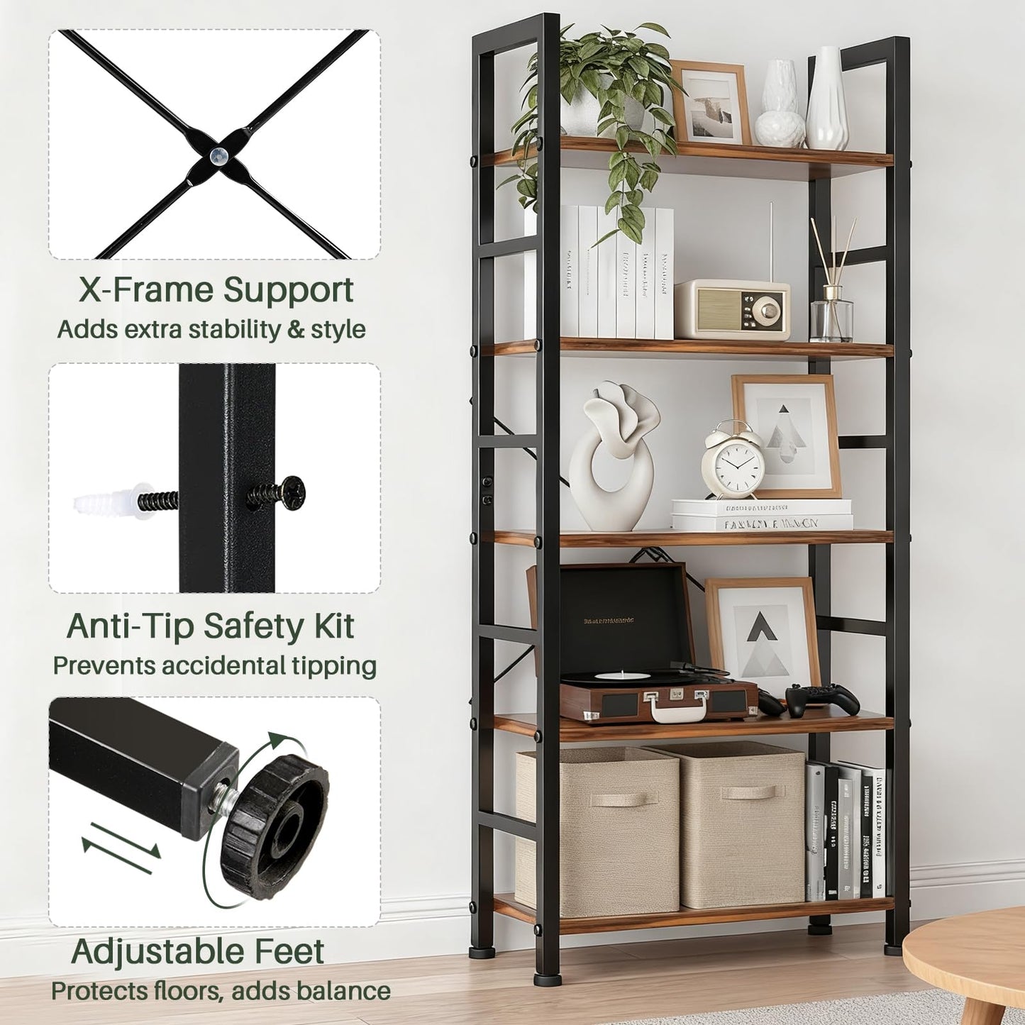 SageNest 5 Tier Bookshelf, Free Standing Wooden Bookcase with Open Storage Shelves with Metal Frame, Sturdy Shelf Organization Display Rack for Living Room, Bedroom, Home Office, 62.2" Tall, Brown