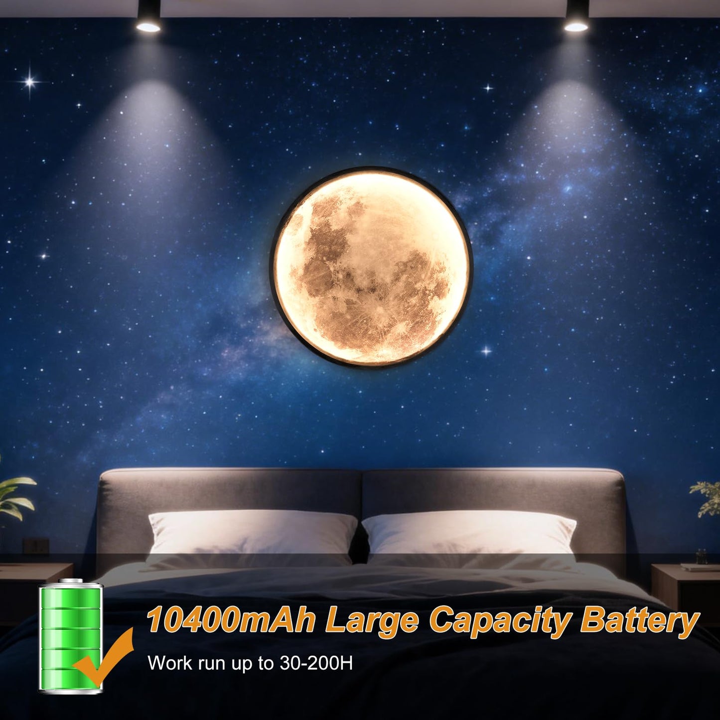 Skylumate Battery Operated Moon Wall Sconces 3 Color Dimmable Rechargeable Moon Wall Light with Remote Control 9.5inch Black Moon Wall Lamp Indoor Wall Mounted Lighting for Living Room Bedroom