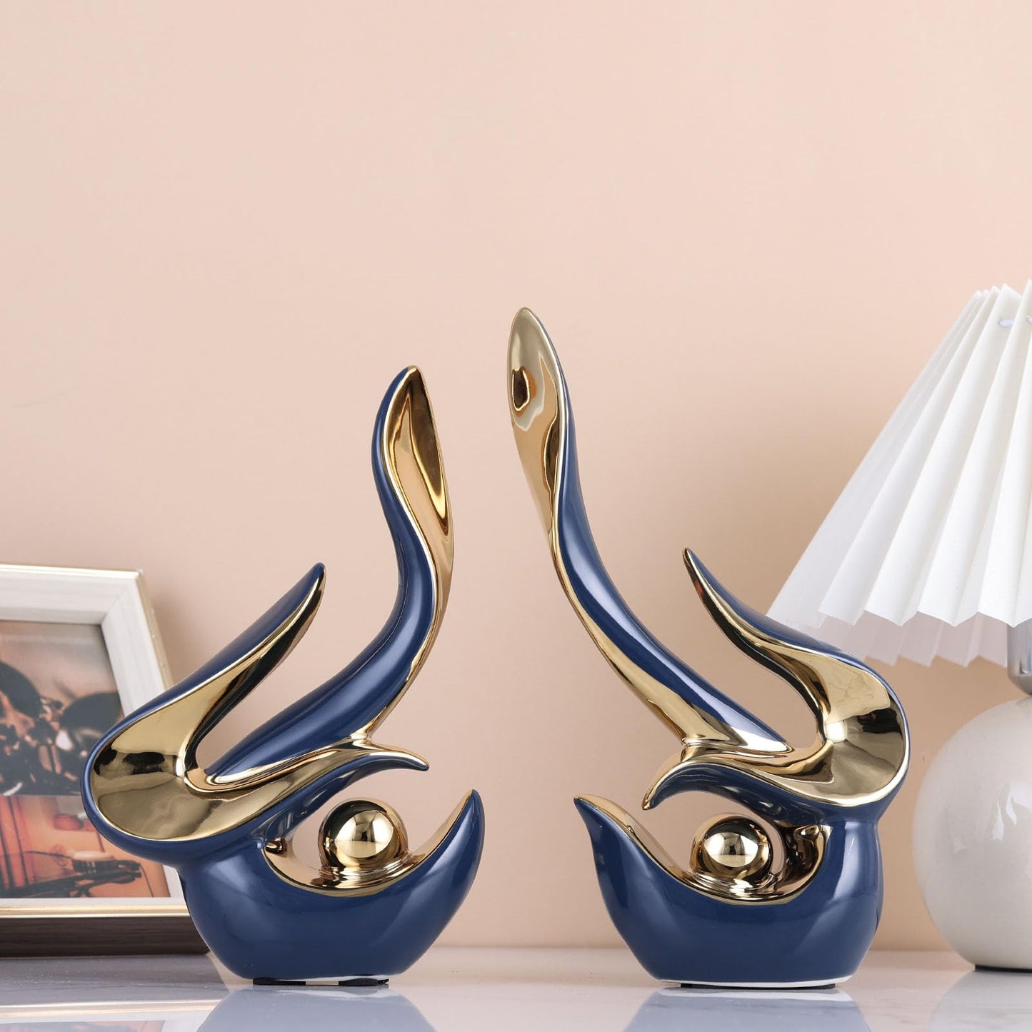 XMGZQ Mid Century Modern Abstract Art Home Decor Accent,Porcelain Statues for Living Room Coffee Table Centerpieces for Dining Room,Ceramic Sculptures and Gold Knick Knacks for TV Stand Decor (Blue)