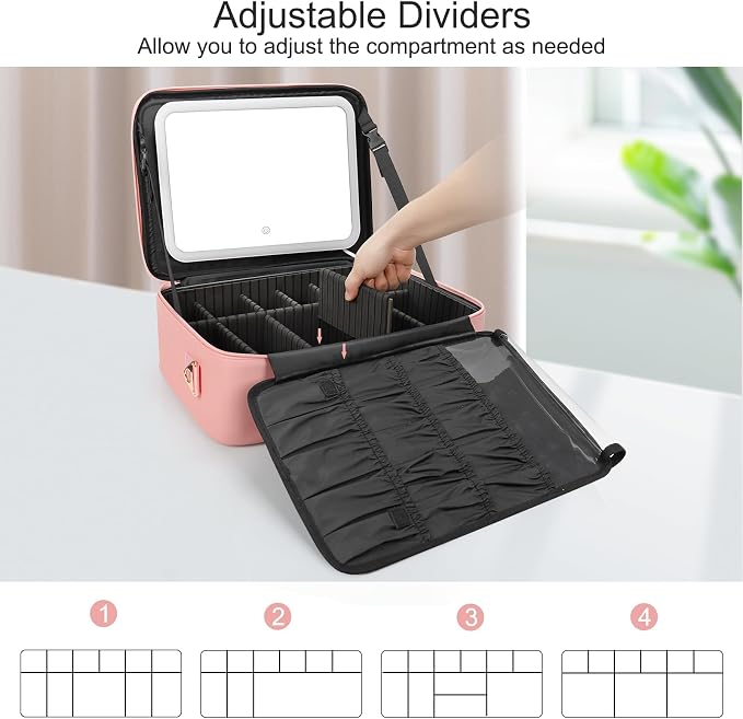 Chomeiu Makeup Bag with LED Mirror, Large Train Case for Makeup Artists, 16.2 inches Travel Professional Cosmetic Organizer with Light Up Mirror, 3 Color Lights, Brush Holder & Shoulder Strap (Pink)