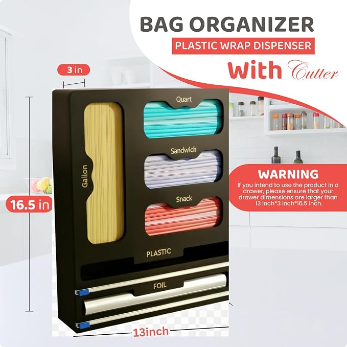Storage Bag organizer, 6 in 1 Foil and Plastic Wrap Dispenser with Cutter, Bamboo Kitchen Drawer Organizer Food Bag Organizer for Gallon, Quart, Sandwich, Snack Bags (Black)