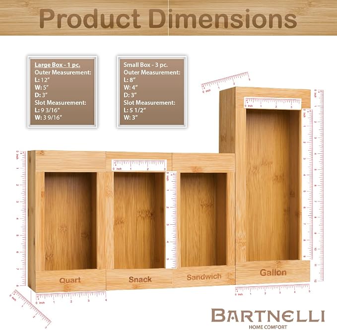 Bartnelli Bag Organizer for Kitchen Storage Organization, 4 PC Premium Bamboo Drawer Organizer, Bag Holder Dispenser