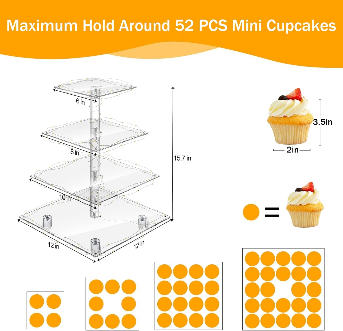 YestBuy Cupcake Stand with Yellow Led Lights, 4 Tier Cupcake Stand for 50 Cupcakes, Acrylic Cupcake Tower Stand, Clear Tiered Cupcake Holder for Birthday Cady Bar Décor Weddings, Parties Events