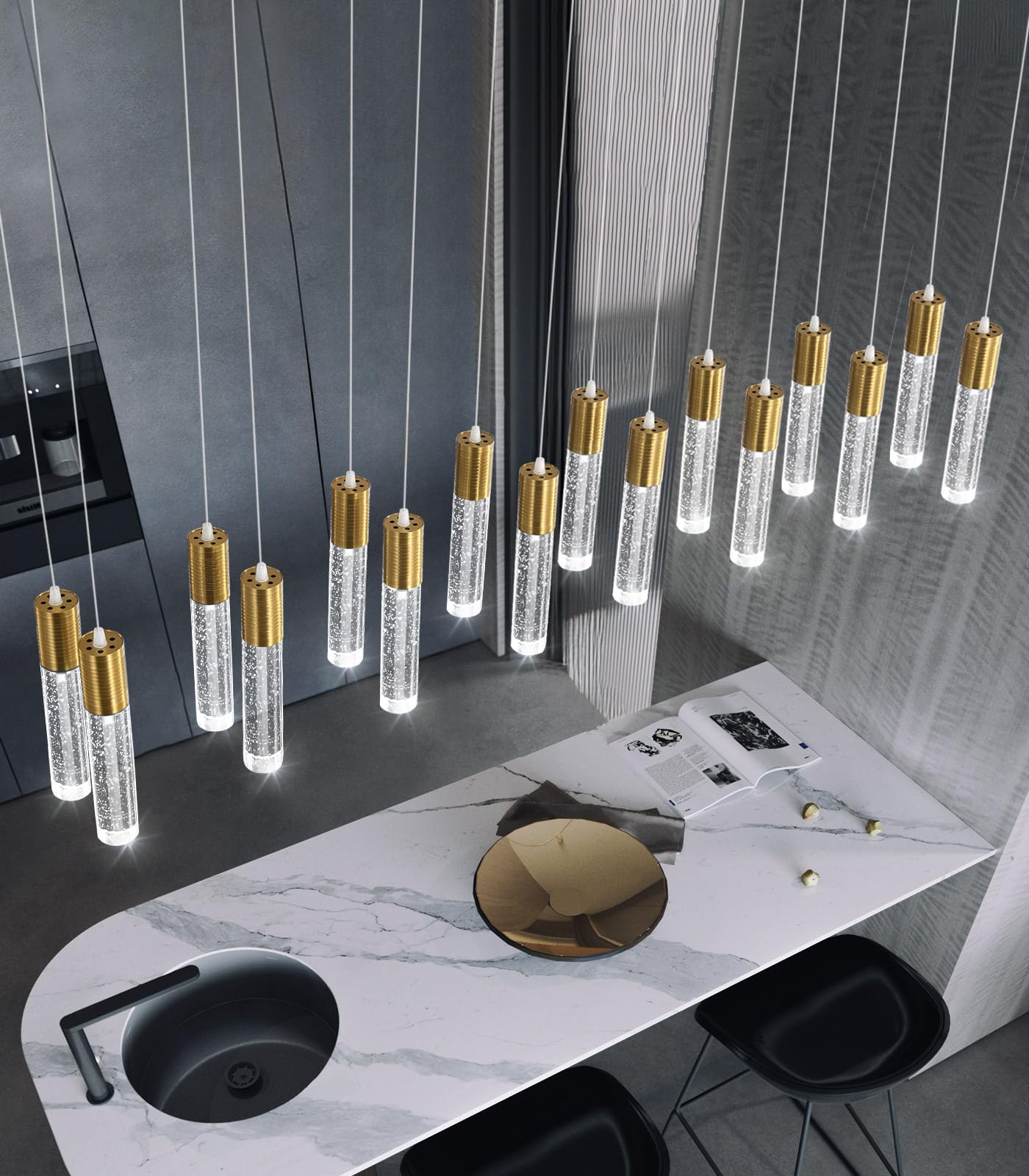 dolria 16-Lights Modern Crystal Rectangular Chandeliers LED Pendant Light for Kitchen Island High Ceiling Chandelier for Dining Room Entrance Foyer Living Room Gold