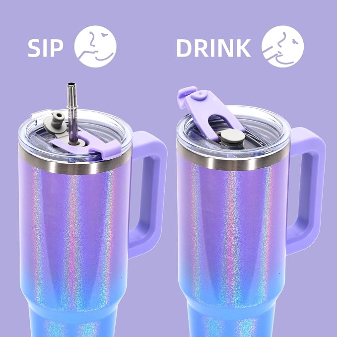 30 oz Shiny Tumbler with Handle and Straw,Stainless Steel Tumbler with Lid and Straw,Insulated Travel Mug(Cold for 34 Hours),Water Bottle for Iced Tea,Coffee (Purple)