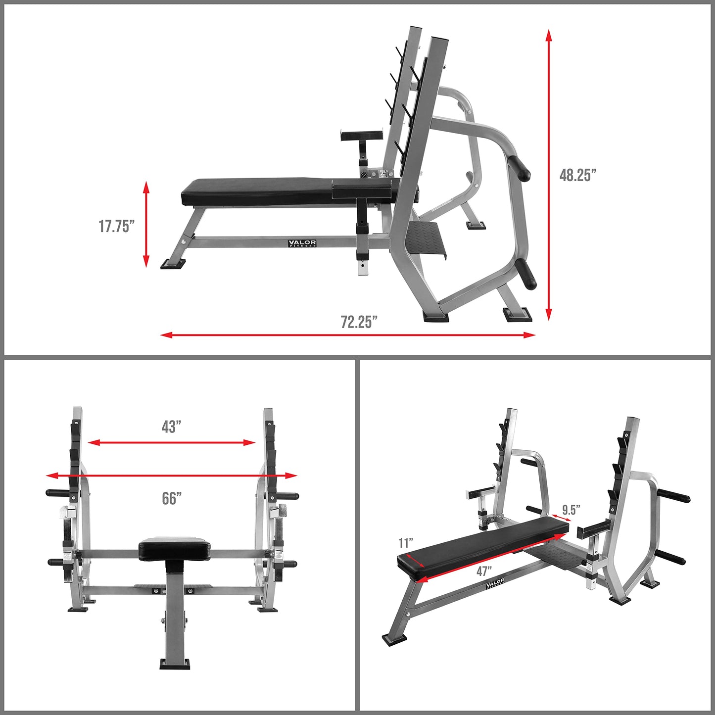 Valor Fitness Olympic Weight Bench Press Station - Spotter Arms - Adjustable Safety Catch- Max 500 lbs - Plate Storage Pegs - Home Gym Equipment