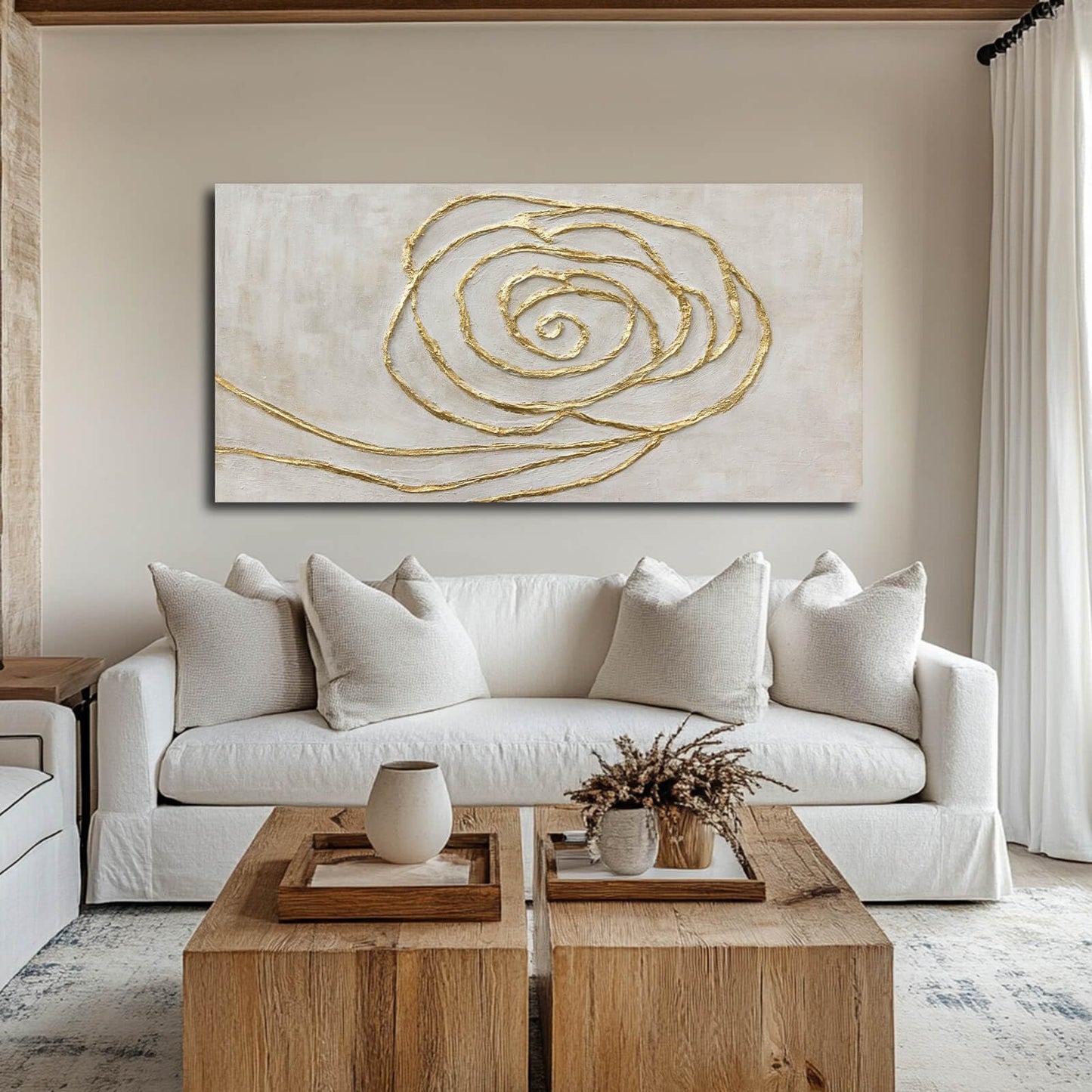 XIANSHOU Textured Wall Art Pictures Line Wall Paintings Beige and Gold Wall Decor for Walls 24"x48" Artwork for Bedroom Office Decorations