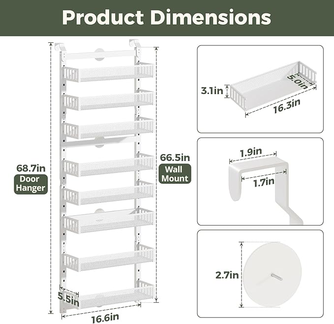POKIPO 8-Tier Over the Door Pantry Organizer, 2 IN 1 Wall Mount or Hanging Spice Rack with Adjustable Raised Basket, Heavy Duty Back of Door Storage for Kitchen Bathroom Laundry Room