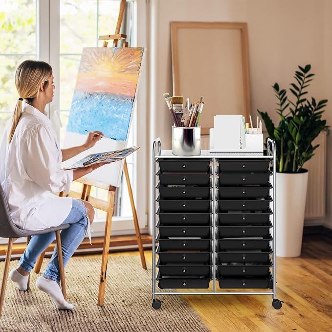 COSTWAY 20-Drawer Rolling Storage Cart, Utility Storage Organizer Cart for Tools, Scrapbook, Paper, Craft, Multipurpose Storage Trolley on Wheels for Home Office School (Black)