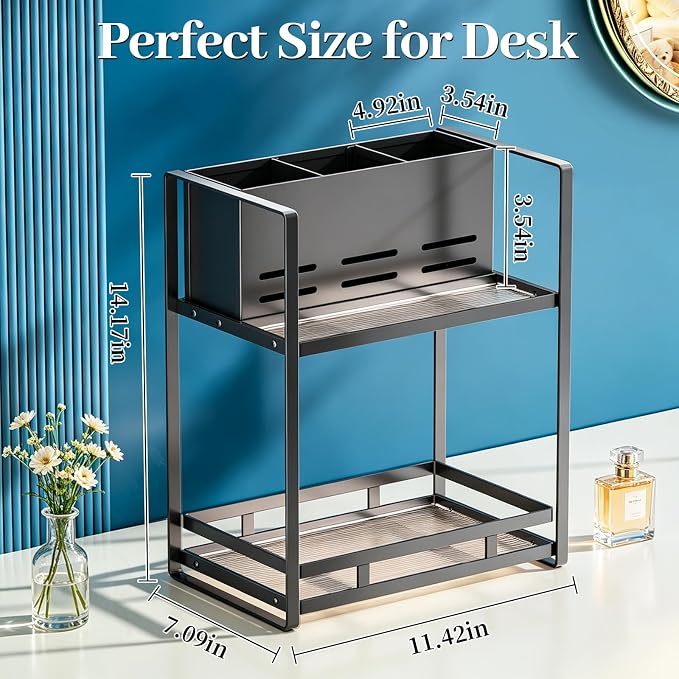 SanDream Hair Tool Organizer Bathroom Countertop, 2-Tier Metal Bathroom Organizer with Blow Dryer Holder, Large Capacity Space-Saving Vanity Shelf for Perfume, Skincare & Makeup Storage (Black)