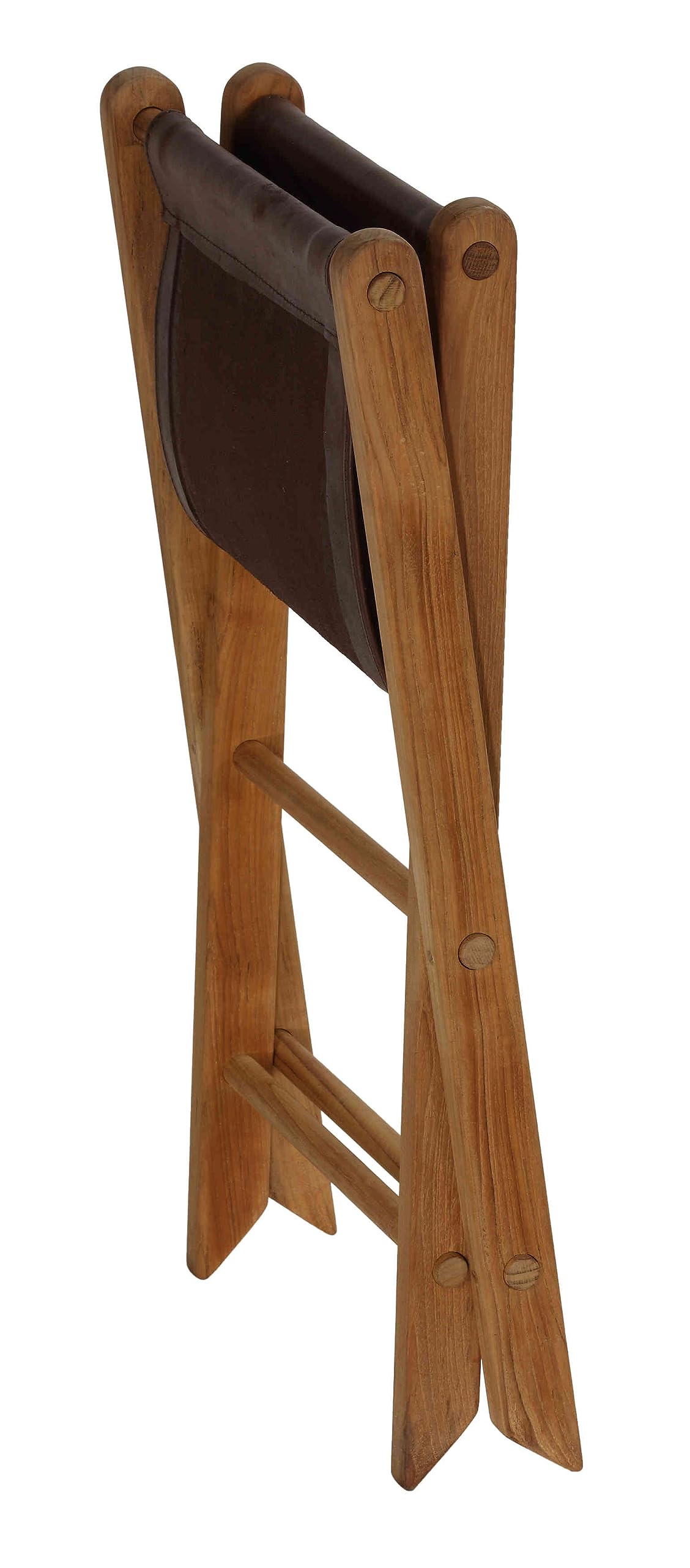 Bare Decor Davie Teak and Leather Folding Accent Stool, 18", Saddle Brown