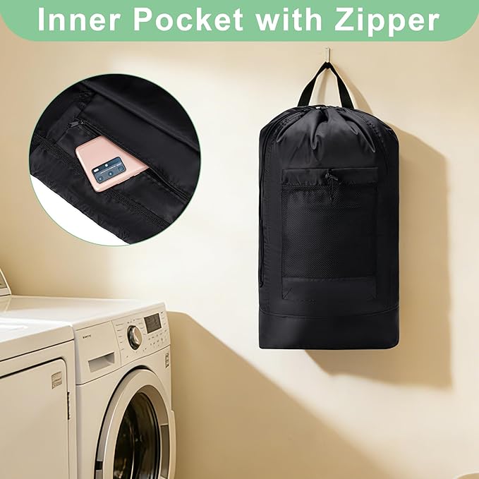 Backpack Laundry Bag,Large Travel Laundry Bags with Shoulder Straps and Mesh Pockets,Laundry Backpack with Drawstring Closure for College,Trave,Dorm, Apartment,Laundromat (Khaki)