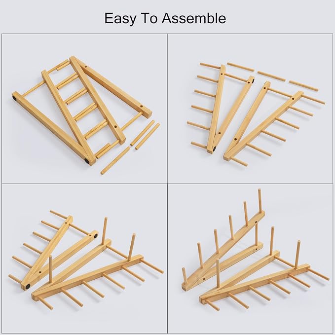 HBlife Bamboo Wooden Dish Drying Rack, 4 PCS Plate/Dish/Book/File/Bowl/Cup/Cutting Board/Pot Lid Organizer for Kitchen Counter, Office, Display Cabinet