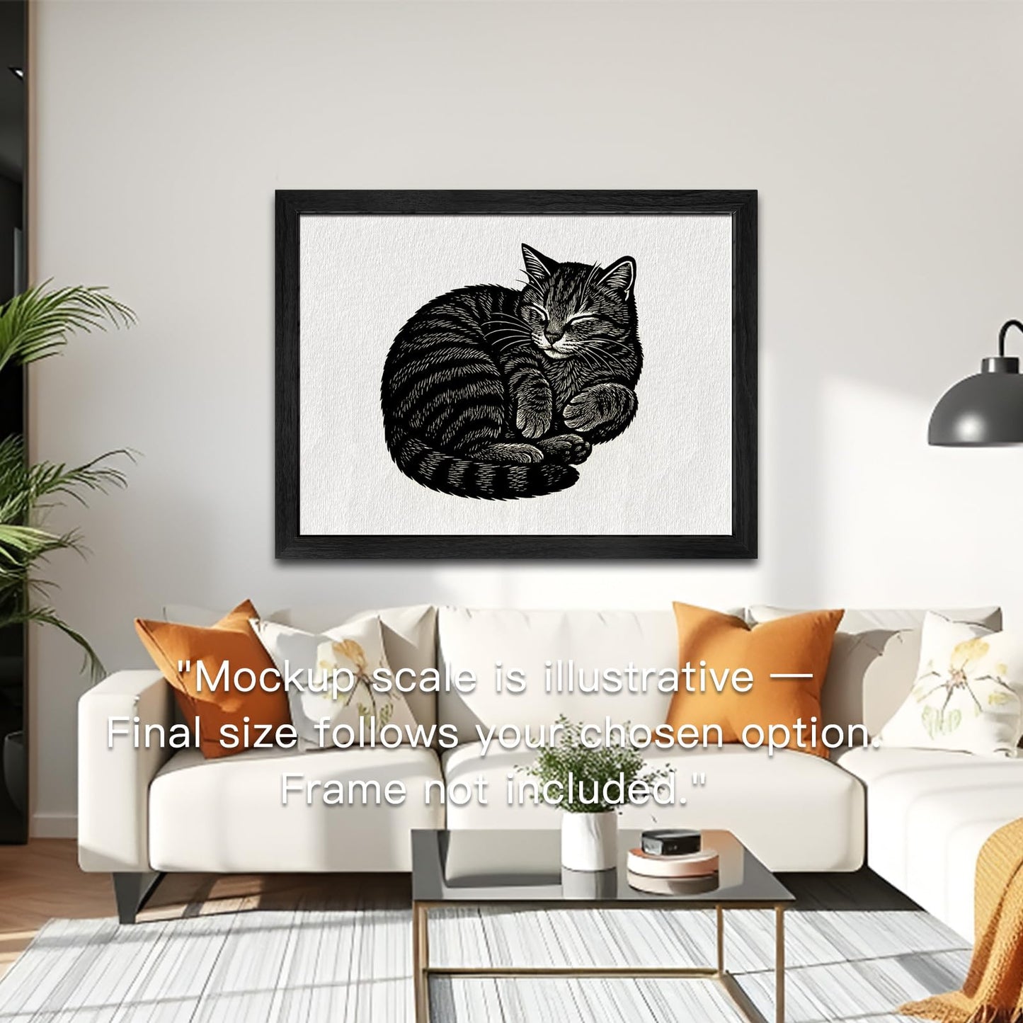 Caelumis Sleeping Cat Wall Art, Black and White Framed Cat Print, Woodcut Style Cat Wall Decor for Living Room, Bedroom or Office, 20 x 16 Inches