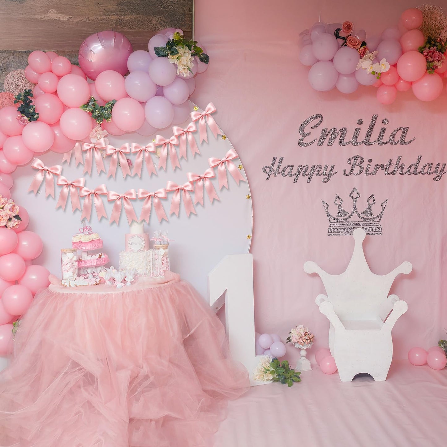 2 Strings of 16PCS Pink Bow Garland Banner Decoration,Pre-Strung Satin Ribbon Ornaments for Birthday,Bachelorette Party,Bridal Shower, Wedding,Engagement,Baby Shower, Graduation Deco,Anniversary