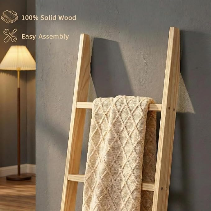 Blanket Ladder for Living Room 6-Tier, Wooden Decorative Quilt Holder for Bed Room, Wall-Leaning Towel Rack for Bathroom, Decorative Blanket Ladder Wood for Home Decor & Display (Light Wash)