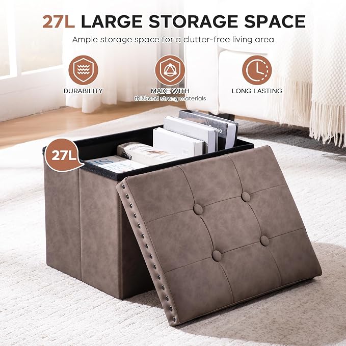 oakvivo 16x12x12 Inches Folding Cube Storage Ottoman, Small Leather Foot Rest Stool with Button Tufted Rivet Design, Footstool Bench, Ottoman with Storage for Living Room, Coffee Table, Oak Brown