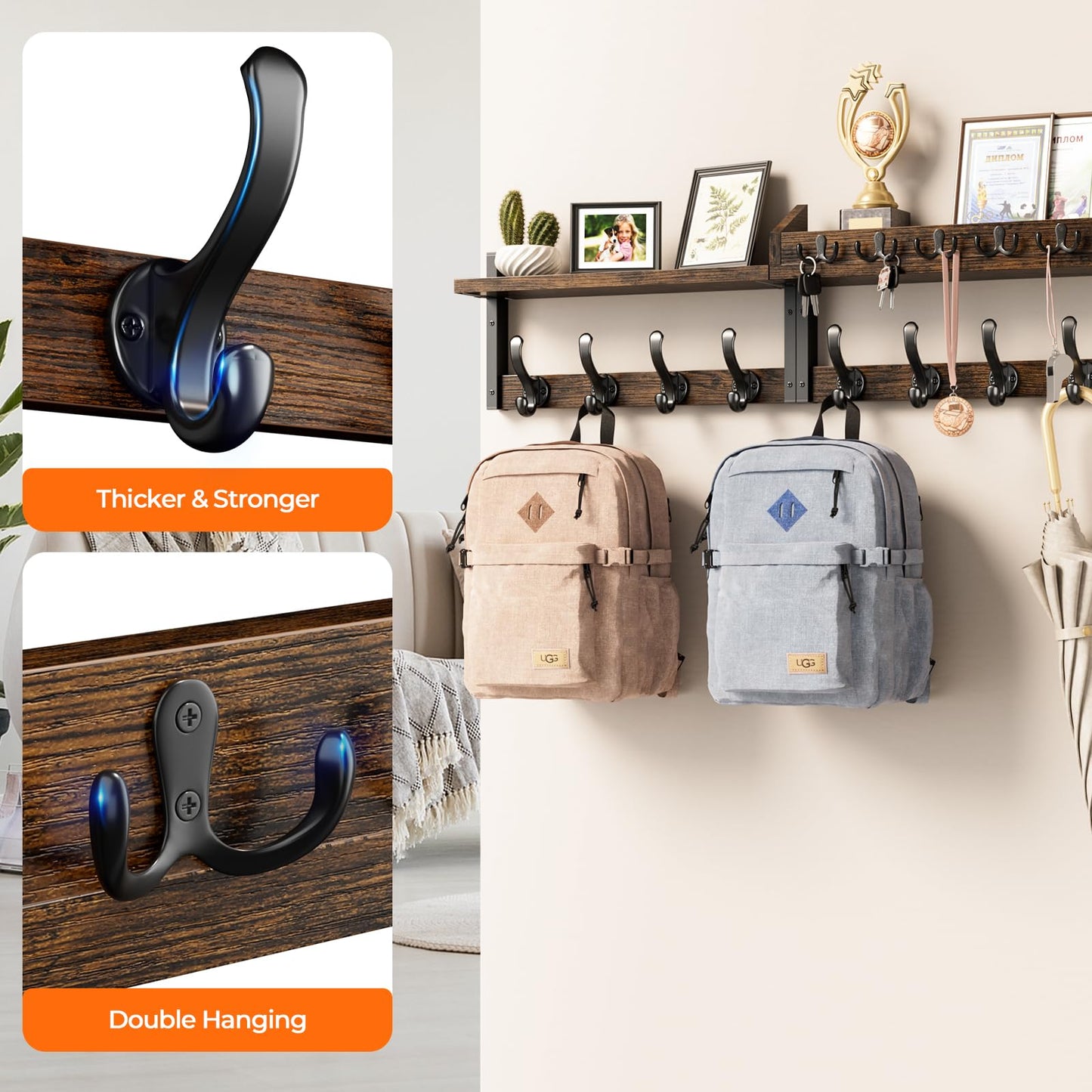 Evermagin 35" Coat Rack Wall Mount with Shelf, 4 in 1 Coat and Key Hanger with 13 Metal Hooks, Entryway Wall Mounted Shelf with Mail Holder for Living Room, Bedroom, Rustic Brown