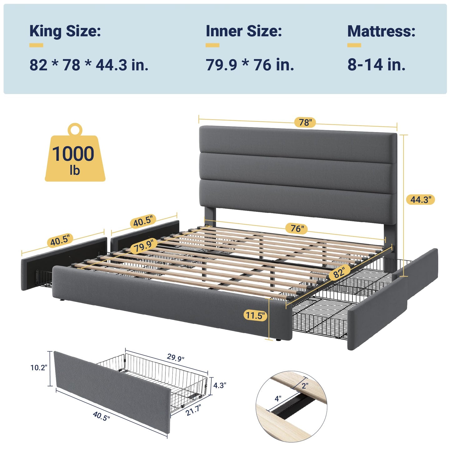 Allewie Modern King Size Platform Bed Frame with 4 Storage Drawers and Velvet Upholstered Headboard, Wooden Slats Support, Upholstered Mattress Foundation/No Box Spring Needed/Easy Assembly, Grey