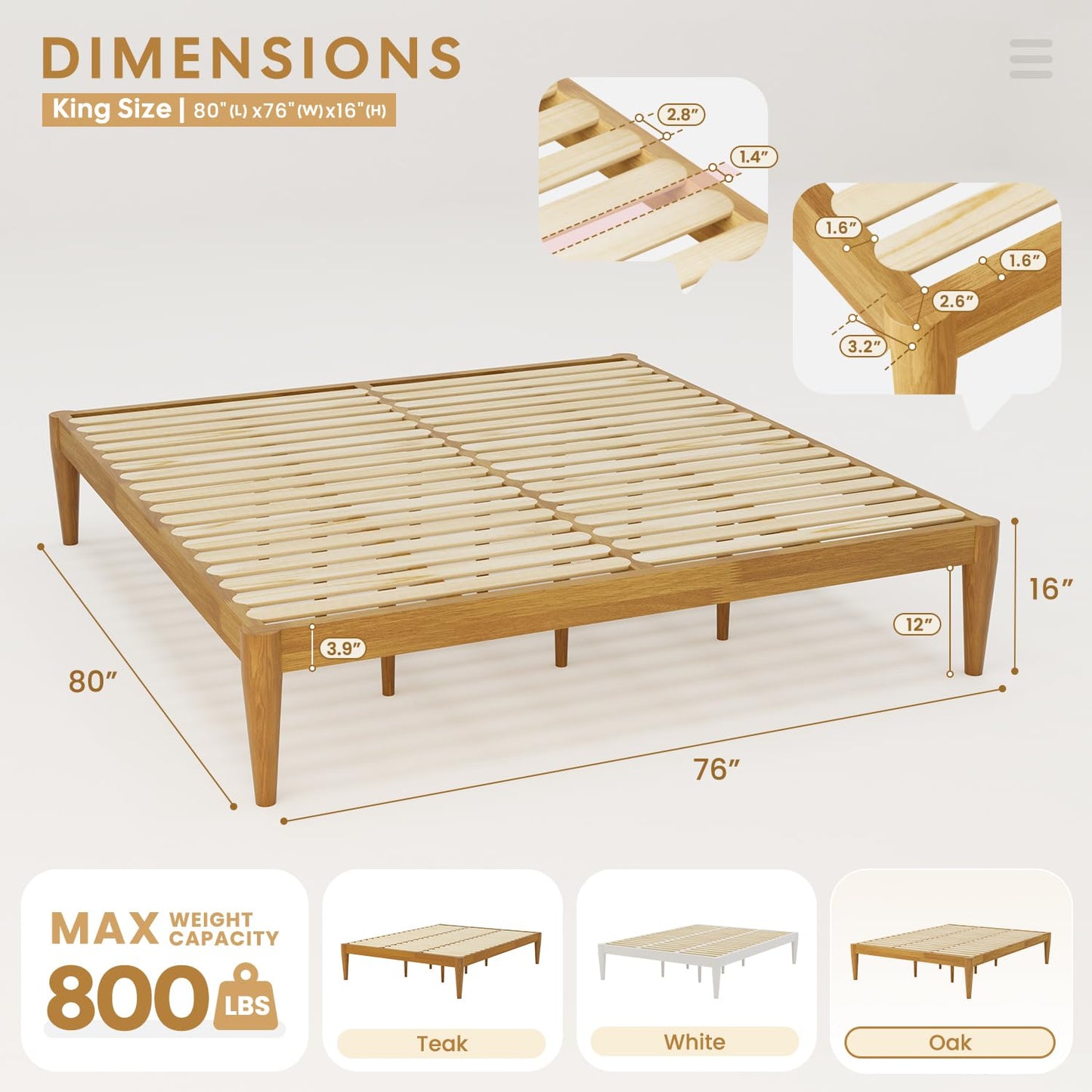 IOTXY King Platform Bed Frame - Solid Wood 16-Inch Height Mattress Foundation Base with Densely Slats and Heavy-Duty Support Legs, No Box Spring Needed, Oak