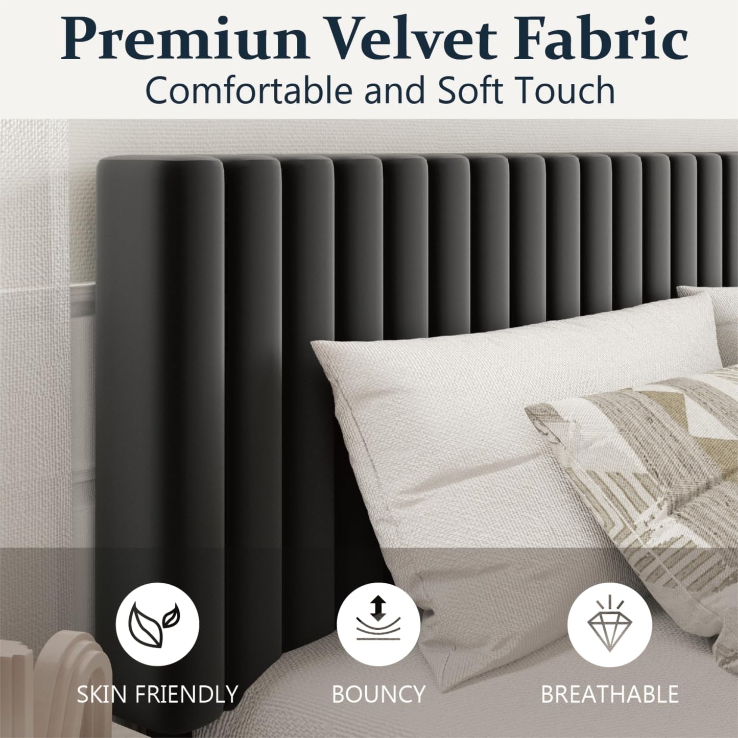 HAOARA King Size Bed Frame, King Size Platform Bed Frame and Velvet Upholstered Headboard with Strong Wood Slats, Box Spring Optional, Mattress Foundation, Easy Assembly Black