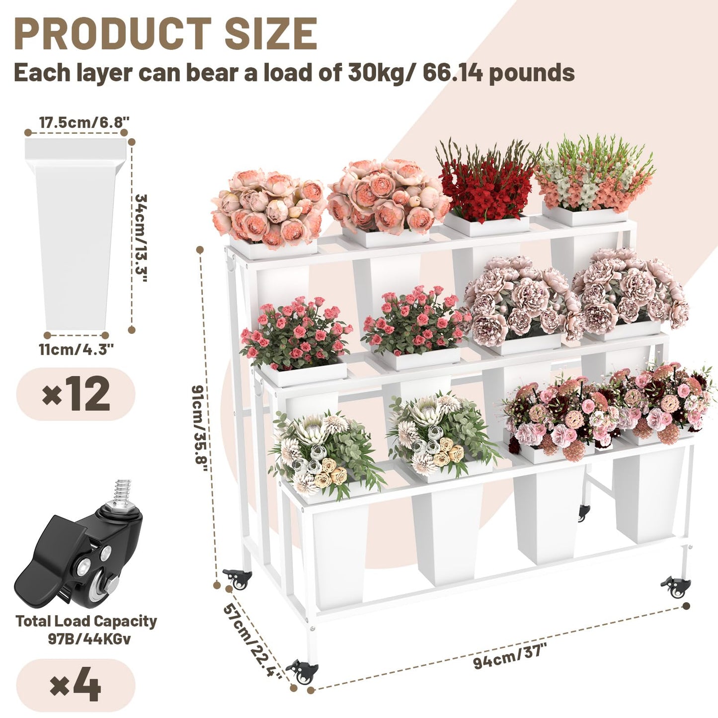 Annzoe Flower Display Stand with 12 Buckets & Wheels – 3-Tier Mobile Flower Cart, White Metal Flower Bar for Weddings, Florist Shops, Patio, Garden & Home