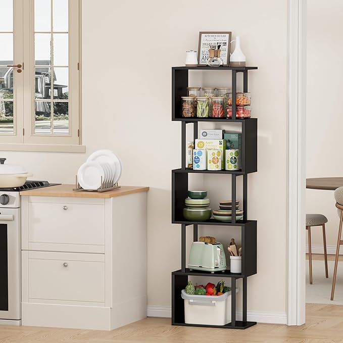 Gadroad 5-Tier Bookshelf, Tall S-Shaped Geometric Bookcase, Wood and Metal Decorative Storage Shelving, Modern Freestanding Display Shelves, Book Shelf Unit for Living Room Bedroom Home Office, Black