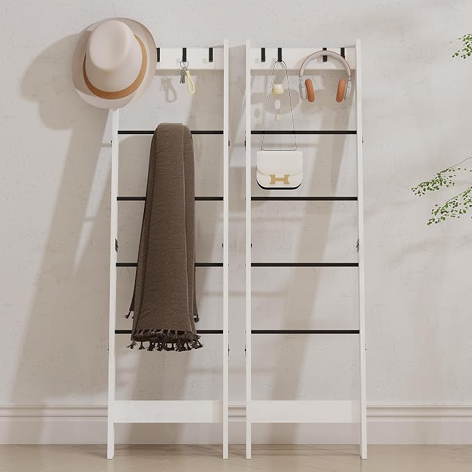 TRIFEBLE 6 Tier Blanket Ladder Shelf for Living Room and Bedroom, Ladder Holder with 4 Metal Hooks, 5.2ft Blanket Quilt Holder Rack, Farmhouse Ladder Rack for Storage and Home Decor, White
