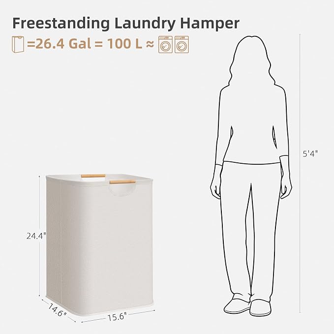STORAGE MANIAC 2-Pack Large Laundry Hamper, 80L (21.1 Gal) Collapsible Laundry Basket with Bamboo Handles, Freestanding Waterproof Clothes Hamper for Laundry Room, Bedroom, Dorm, Towels, Beige