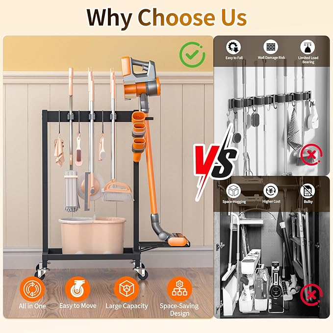 Broom Holder with Cleaning Supplies Organizer Load 160 LBS Cleaning Cart with Wheels Broom Closet Storage with 6 Mop Hanger Grippers, 3 Double-Hooks, Vacuum Stand for Laundry Garage Organization