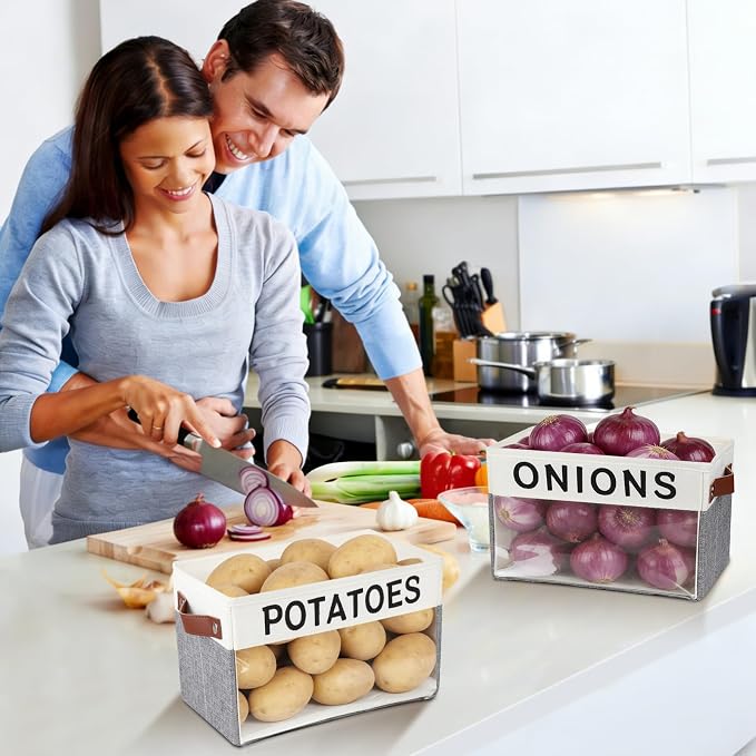 2 Pack Onion and Potato Storage Bins,Portable Vegetable Storage Basket with Handles,Large Kitchen Storage Container for Onion, Potato, Fruit, Vegetables,Countertop Kitchen Organization Container