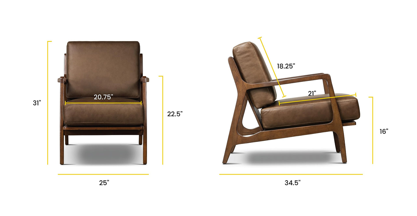 Poly & BARK Verity Leather Accent Chair – Armchair with Walnut Wood Frame – Fashion-Forward Lounge Seating for Living Room – Upholstered in Cocoa Brown Leather for Modern Style