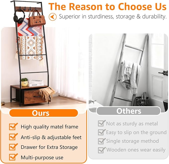 Metal Blanket Ladder with Storage Drawer, 5 Tier Black Blanket Ladders for the Living Room with Hooks, 5.2ft Wall Leaning Quilt Ladder for Blankets, Towels & Throws, Farmhouse Decor