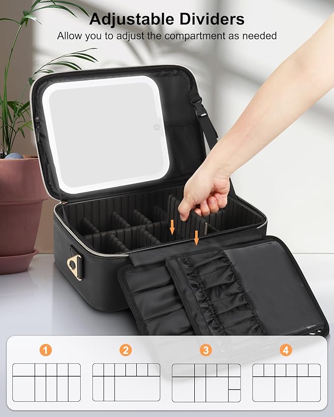 Chomeiu Makeup Bag with LED Mirror, Large Travel Cosmetic Train Case for Women, Makeup Artists Large Organizer Box with Vanity Light Up Mirror, 3 Color Lights, Adjustable Dividers (Black)