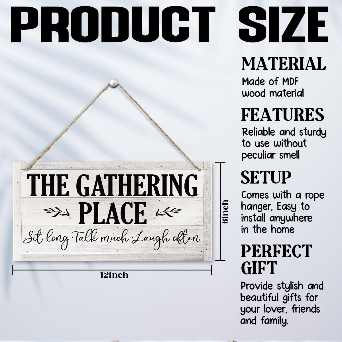 Rustic Farmhouse Hanging Wooden Signs, The Gathering Place Sign, Vintage Dining Room Wall Art, Sit Long, Talk Much, Laugh Often, Printed Wood Wall Art Sign, Retro Wall Plaques, 11.8 * 5.9 in