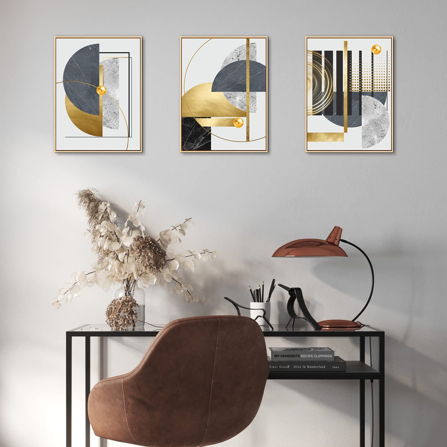 3Pcs Black Gold Canvas Wall Art Decor, Abstract Framed Painting Poster Print Nordic Luxury Geometric Artwork for Living Room, Marble Wall Painting for Bedroom Dining Room 12x16 in