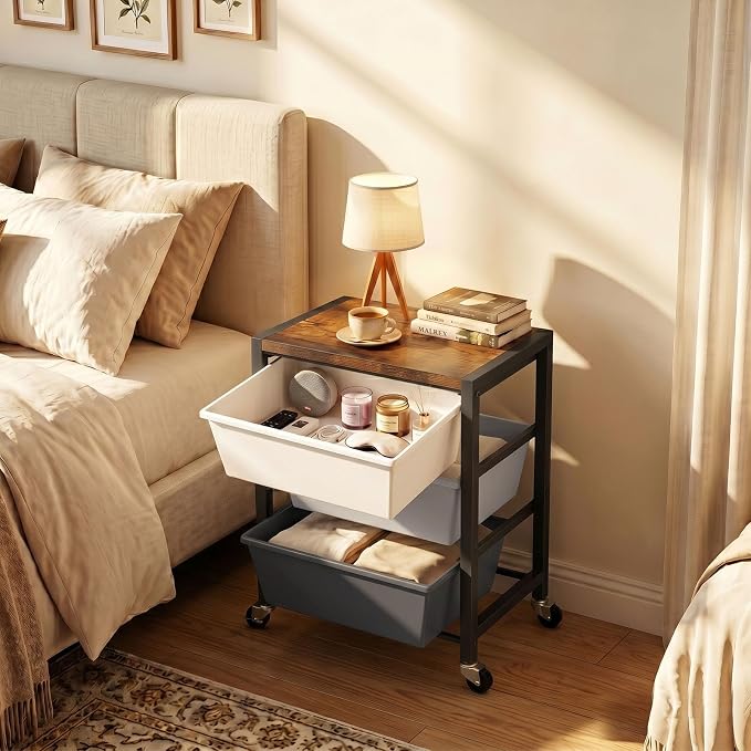 Rolling Cart with 3 Drawers, Plastic Drawer Storage Carts with Lockable Wheels & Wooden Tabletop, Metal Art Craft Utility Cart Organizer for Home Office Bedroom Dorm Bedside Classroom, Dark Gray