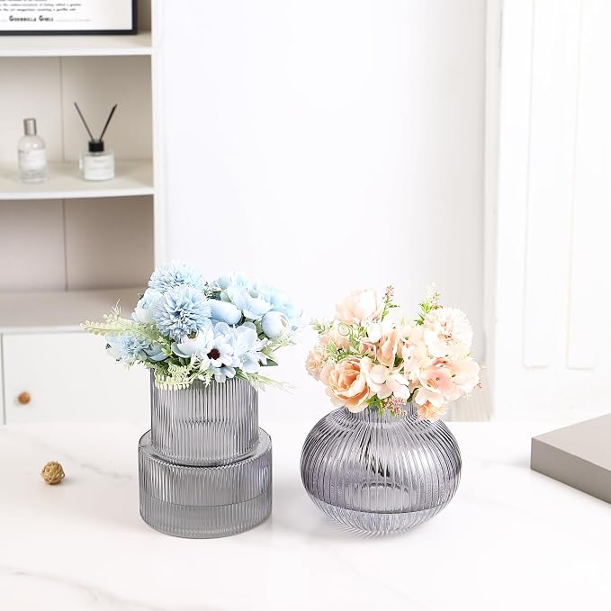 Ribbed Glass Vases, Set of 2 Fluted Vases for Flowers, Black Glass Vase for Tulips, Modern Vase for Living Room, Kitchen, Office, Entryway, Mantle, Bookshelf, Wedding Gifts, Birthday