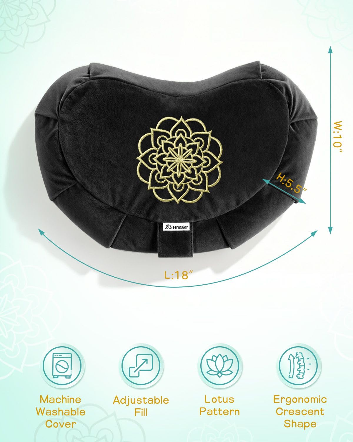 Hihealer Premium Meditation Cushion - Comfortable Floor Pillow for Adult Traditional Crescent Meditation Pillow Yoga Buckwheat Bolster (Black)