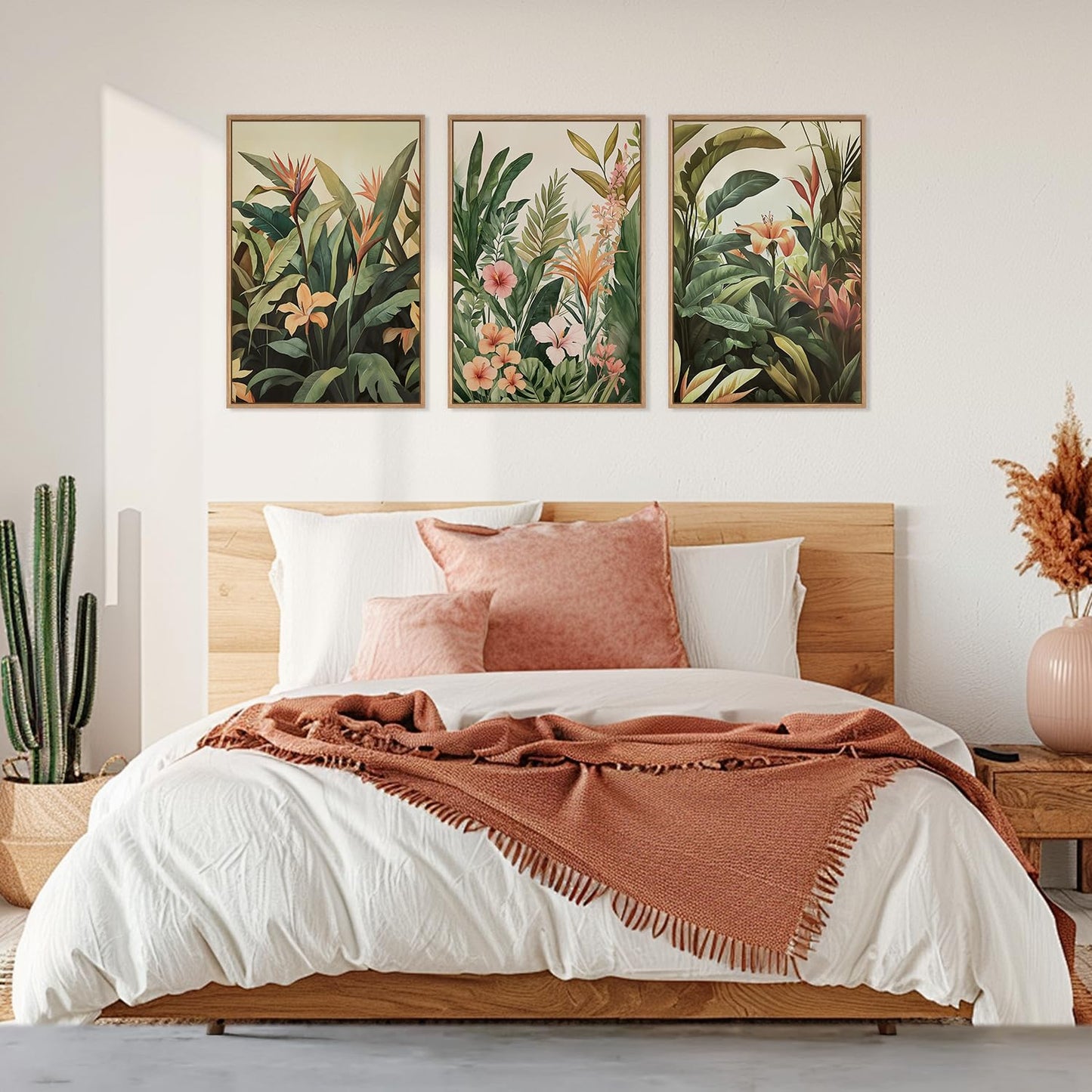 HLNIUC Boho Tropical Leaves Wall Art,Modern Abstract Floral Canvas Wall Decor Set of 3(16”x24”) Green Plant Banana Leaf Painting,Tropical Botanical Jungle Art Print for Living Room,Bedroom,Office